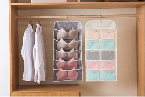 Cafurty Closet Hanging Organizer with Mesh Pockets & Rotating Metal Hanger,Dual Sided Wall Shelf Wardrobe Storage Bags,Oxford Cloth Space Saver Bag for Bra Underwear Underpants Socks -Grey