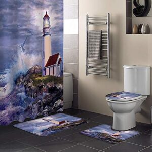 singingin shower curtain set with bathroom rugs and mats beautiful landscape of lighthouse bathroom rugs set 4 piece,non-slip rugs,toilet lid cover and bath mat,waterproof shower curtain for tub