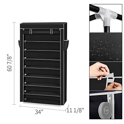 10 Tiers Shoe Rack with Dustproof Cover, Closet Shoe Storage Cabinet Organizer, Easy to Assemble, for about 50 Pairs, 34 x 11.2 x 60.9 Inches (Black)