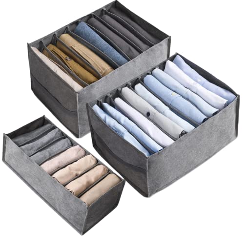 3PCS Washable Wardrobe Clothes Organizer, Foldable Drawer Organizer For Jeans, Pants, Leggings, T-Shirts, Skirts, Socks, Kid (SET OF 3,7&7&9 GRIDS), Grey, LS-C211203