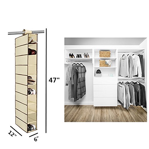 TSY TOOL 2 Pack 10 Shelves compartments Fabric Hanging Closet Shoe Storage Organizer, for Shoes, Handbags, Clutches , Accessories & Clothing , Hangs Over The Closet Rod , 6 x 12 x 47 inch