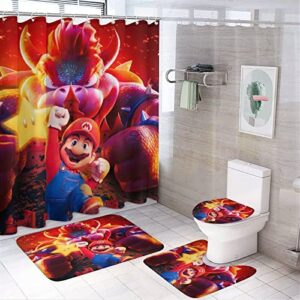 ffis anime super 𝐌.𝐚𝐫𝐢𝐨 𝐁.𝐫𝐨𝐬 movie.bathroom shower curtain set, 4 piece bathroom with waterproof shower curtain and non slip shower mat & toilet lid cover mat u carpet