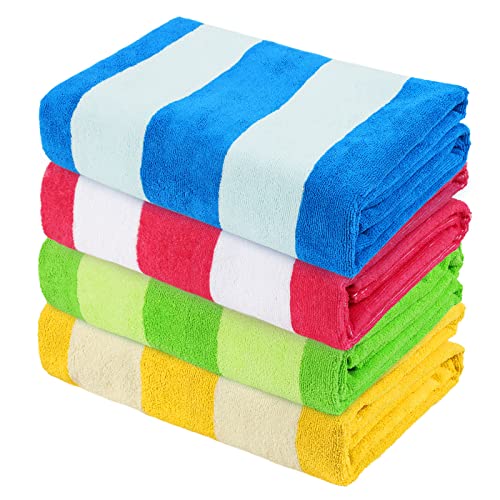 Exclusivo Mezcla 4-Pack Large Beach Towel for Kids and Adults, Microfiber Cabana Striped Pool Beach Towels Set (Pink/Green/Blue/Yellow, 30" x 60"), Lightweight and Highly Absorbent