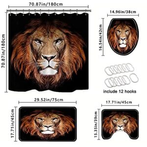 4 Piece Black Lion Animal Majestic Forest Leo King Shower Curtains Sets with Non-Slip Rugs, Toilet Lid Cover and Bath Mat, Bathroom Sets with Shower Curtain and Rugs and Accessories