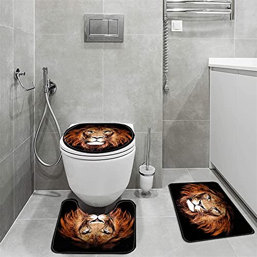 4 Piece Black Lion Animal Majestic Forest Leo King Shower Curtains Sets with Non-Slip Rugs, Toilet Lid Cover and Bath Mat, Bathroom Sets with Shower Curtain and Rugs and Accessories