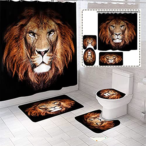 4 Piece Black Lion Animal Majestic Forest Leo King Shower Curtains Sets with Non-Slip Rugs, Toilet Lid Cover and Bath Mat, Bathroom Sets with Shower Curtain and Rugs and Accessories