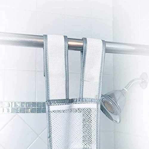Skywin 1 Pack Shower Liner With Pockets, Hanging Mesh Shower Caddy – 57 x 6 Inches with 7 Pockets, 100% Polyester Mesh Fabric, Adjustable Velcro Strap or Hook, Pocket Shower Curtain