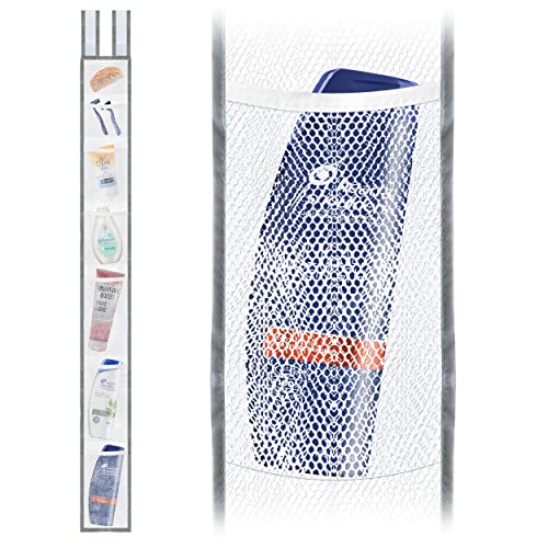 Skywin 1 Pack Shower Liner With Pockets, Hanging Mesh Shower Caddy – 57 x 6 Inches with 7 Pockets, 100% Polyester Mesh Fabric, Adjustable Velcro Strap or Hook, Pocket Shower Curtain