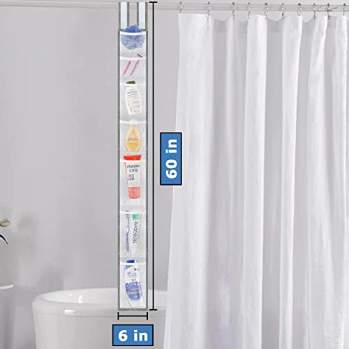 Skywin 1 Pack Shower Liner With Pockets, Hanging Mesh Shower Caddy – 57 x 6 Inches with 7 Pockets, 100% Polyester Mesh Fabric, Adjustable Velcro Strap or Hook, Pocket Shower Curtain