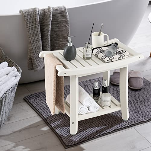 GOFLAME 2-Tier Shower Bench, Spa Bath Shower Stool with Curved Seat, 2 Easy-to-Grip Handles, Storage Shelf & Non-Slip Foot Pads, Waterproof Shower Chair for Bathroom, Living Room, Entryway, Off White