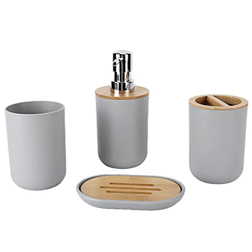 Garosa 4Pcs Bathroom Accessory Set Bamboo Waterproof Plastic Toothbrush Cup Lotion Dispenser Soap Box Tooth Mug for Home Hotel Gift (Grey)