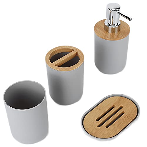 Garosa 4Pcs Bathroom Accessory Set Bamboo Waterproof Plastic Toothbrush Cup Lotion Dispenser Soap Box Tooth Mug for Home Hotel Gift (Grey)