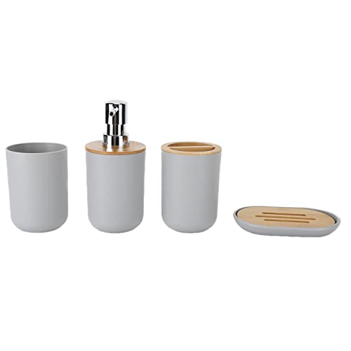 Garosa 4Pcs Bathroom Accessory Set Bamboo Waterproof Plastic Toothbrush Cup Lotion Dispenser Soap Box Tooth Mug for Home Hotel Gift (Grey)