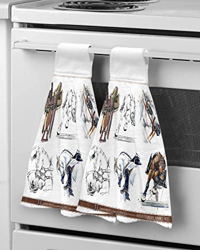 CyCoShower Hanging Hand Towels Kitchen Towel Watercolor Brown and White Horse Equestrian Competition Bathroom Hand Towels with Loop Tie Towels Soft,Absorbent Tea Bar Towels,2pcs