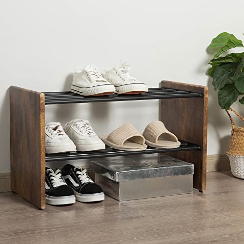 comax Industrial Shoe Rack for Entryway Closet, 2 Tier Small Shoes Rack Organizer Wooden Rustic Shoe Shelf with Metal Tube, Free Standing Two Tier Shoe Stand Sturdy Farmhouse Shoe Storage Rack 24 Inch