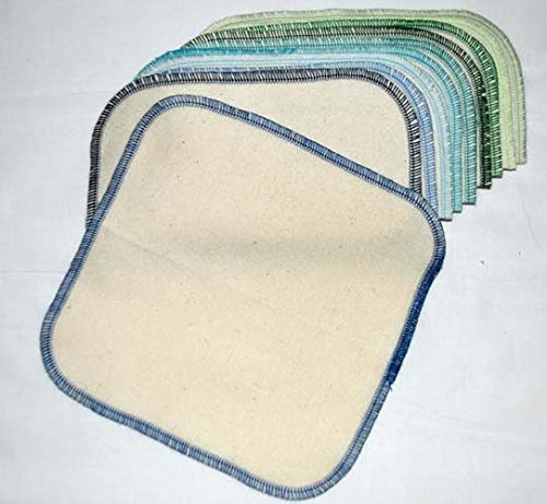 1 Ply Organic Cotton Flannel Washable Baby Wipes 8 x 8 Inches Set of 10 Blues and Greens