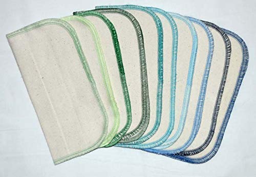 1 Ply Organic Cotton Flannel Washable Baby Wipes 8 x 8 Inches Set of 10 Blues and Greens