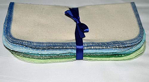 1 Ply Organic Cotton Flannel Washable Baby Wipes 8 x 8 Inches Set of 10 Blues and Greens