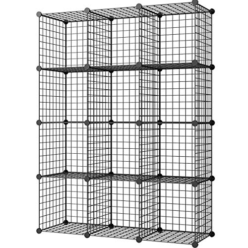 KOUSI 14"x14" Wire Cube Storage, Metal Grid Organizer, 12-Cube Modular Shelving Unit, Stackable Bookcase, Ideal for Living Room, Bedroom, Office, Garage