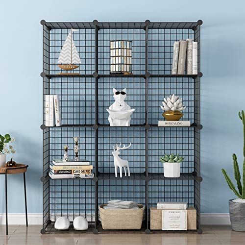 KOUSI 14"x14" Wire Cube Storage, Metal Grid Organizer, 12-Cube Modular Shelving Unit, Stackable Bookcase, Ideal for Living Room, Bedroom, Office, Garage