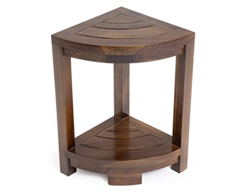 ALATEAK Teak Wood Bath Spa Shower Stool Corner Table Bench Stool Fully Assembled- Dark Brown