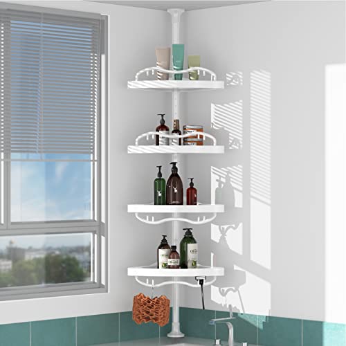 COCONUT Corner Shower Caddy Tension Pole, 54-114Inch Rust-proof 4 Tier Shower Organizer, Drill Free Telescoping Shower Shelves for Bathroom Bathtub (White)