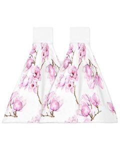2 pcs kitchen hand towels, pink blooming floral cluster petals branches soft plush hanging tie towels with loop for kitchen bathroom dish cloth tea bar towel oil painting orchid