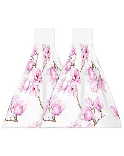 2 PCS Kitchen Hand Towels, Pink Blooming Floral Cluster Petals Branches Soft Plush Hanging Tie Towels with Loop for Kitchen Bathroom Dish Cloth Tea Bar Towel Oil Painting Orchid