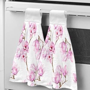 2 PCS Kitchen Hand Towels, Pink Blooming Floral Cluster Petals Branches Soft Plush Hanging Tie Towels with Loop for Kitchen Bathroom Dish Cloth Tea Bar Towel Oil Painting Orchid