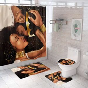 4 pcs forever love african american bathroom shower curtain sets with rugs toilet lid cover and bath mat,black women bathroom set with waterproof fabric bathroom curtain and 12 hooks