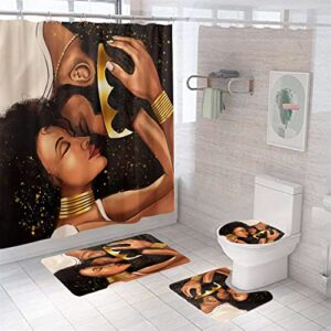 4 Pcs Forever Love African American Bathroom Shower Curtain Sets with Rugs Toilet Lid Cover and Bath Mat,Black Women Bathroom Set with Waterproof Fabric Bathroom Curtain and 12 Hooks