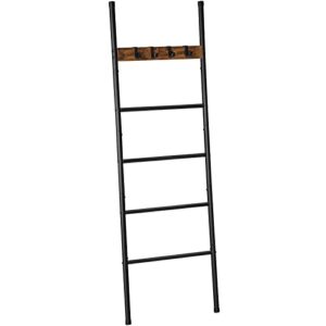 hoobro blanket ladder, 5-tier ladder shelf, wall-leaning rack, decorative ladder with 4 removable hooks, for bathroom, metal frame, rustic brown bf61cj01
