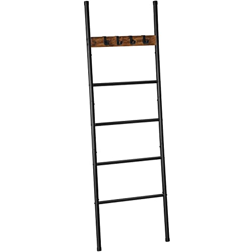 HOOBRO Blanket Ladder, 5-Tier Ladder Shelf, Wall-Leaning Rack, Decorative Ladder with 4 Removable Hooks, for Bathroom, Metal Frame, Rustic Brown BF61CJ01