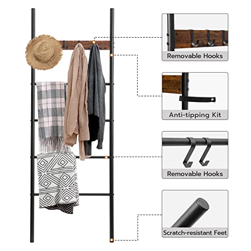 HOOBRO Blanket Ladder, 5-Tier Ladder Shelf, Wall-Leaning Rack, Decorative Ladder with 4 Removable Hooks, for Bathroom, Metal Frame, Rustic Brown BF61CJ01