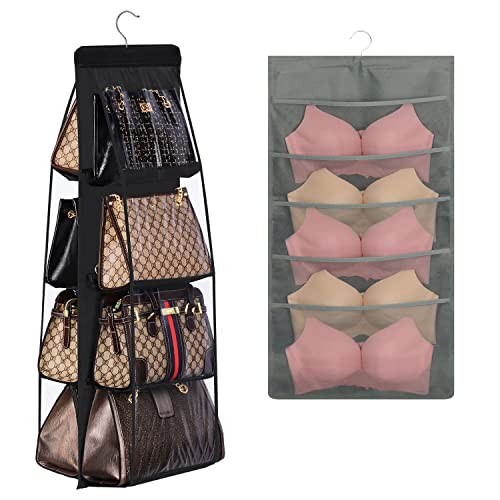 Lirex Hanging Organizers 2 Pack Bundle, 8-Pocket Handbag Hanging Organizer and 10-Pocket Underwear Hanging Organizer Bra Storage, Oxford Cloth Organizer for Family Closet Bedroom, Universal Fit