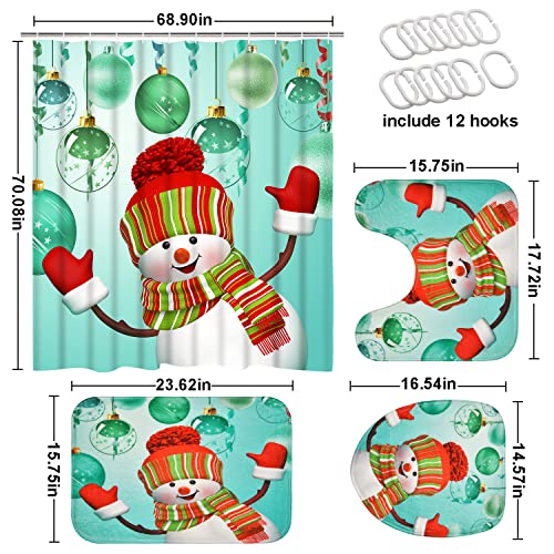 Likiyol 4 Pcs Merry Christmas Shower Curtain Sets with Non-Slip Rugs, Toilet Lid Cover and Bath Mat, Cartoon Snowman Shower Curtain with 12 Hooks, Green Balloon Ribbon Bathroom Curtain, Waterproof