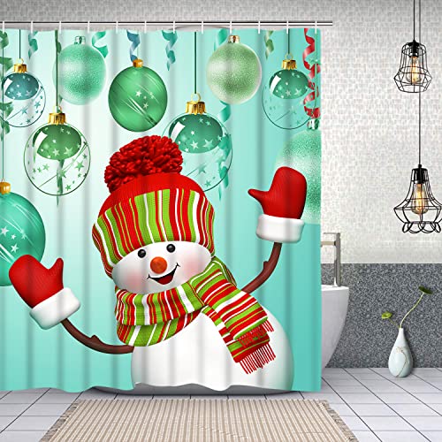 Likiyol 4 Pcs Merry Christmas Shower Curtain Sets with Non-Slip Rugs, Toilet Lid Cover and Bath Mat, Cartoon Snowman Shower Curtain with 12 Hooks, Green Balloon Ribbon Bathroom Curtain, Waterproof