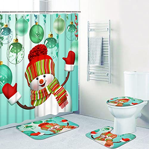 Likiyol 4 Pcs Merry Christmas Shower Curtain Sets with Non-Slip Rugs, Toilet Lid Cover and Bath Mat, Cartoon Snowman Shower Curtain with 12 Hooks, Green Balloon Ribbon Bathroom Curtain, Waterproof