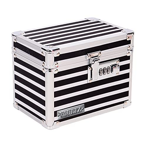 Vaultz Medicine Lock Box w/Combination Lock - 5 x 7 x 5 Cabinet Safe, Black & White Stripes