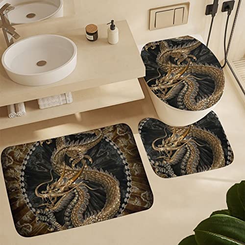 Roargy Bathroom Rugs Sets 3 Piece Bath Mat Dragon Machine Wash Absorbent Soft Shower Tub Mat Toilet Non-Slip Home Decor Gifts for Mom,20''×32''