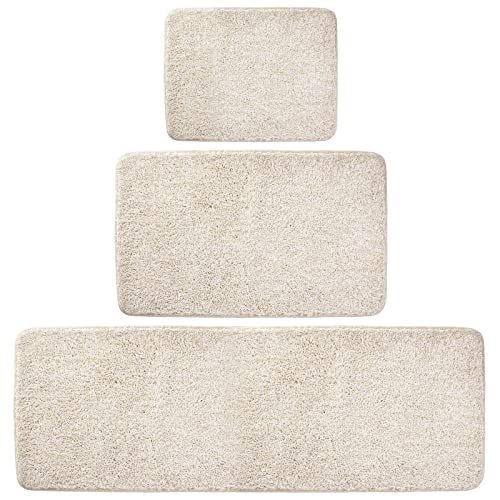 mDesign Non-Slip Microfiber Polyester Rectangular Spa Mat/Bath Rugs, Plush Heathered Water Absorbent Accent Rug for Bathroom Vanity, Bathtub/Shower, Machine Washable, Set of 3 - Linen/Tan