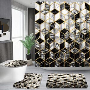 4 pcs bathroom shower curtain set, honeycomb marble bathroom sets with rugs(bath mat,u shape and toilet lid cover mat) and 12 durable hooks