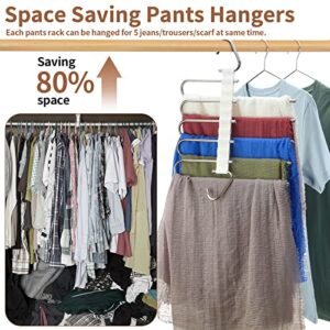 12 Pieces Pants Metal Hangers Organizer Space Saving 5 Layers Stainless Steel Pants Rack Non Slip Clothes Hanger Closet Organizer with Hooks for Trousers Scarf Jeans Skirts