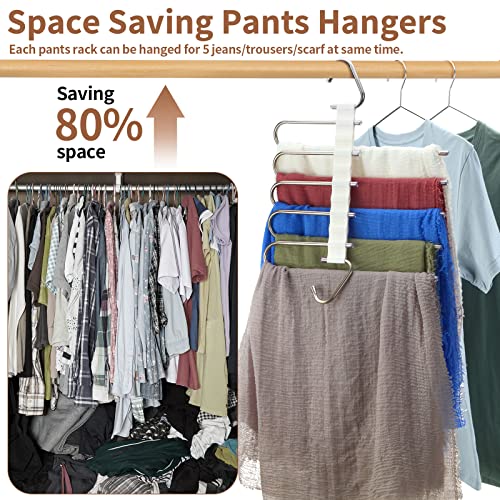 12 Pieces Pants Metal Hangers Organizer Space Saving 5 Layers Stainless Steel Pants Rack Non Slip Clothes Hanger Closet Organizer with Hooks for Trousers Scarf Jeans Skirts