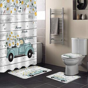 Xback 4 Piece Shower Curtain Sets for Bathroom, Farm Fresh Daisies Blue Truck Fresh Pastoral Style Retro Wood Board Machine Washable Bath Curtain with Non-Slip Rugs, Toilet Lid Cover and Bath Mat