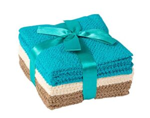 living fashions washcloths set of 8 - popcorn weave wash cloth designed to exfoliate your hands, body or face - absorbent 100% ring spun cotton - size 12" x 12" - colors teal, cream & taupe