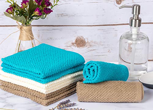 Living Fashions Washcloths Set of 8 - Popcorn Weave Wash Cloth Designed to Exfoliate Your Hands, Body or Face - Absorbent 100% Ring Spun Cotton - Size 12" X 12" - Colors Teal, Cream & Taupe