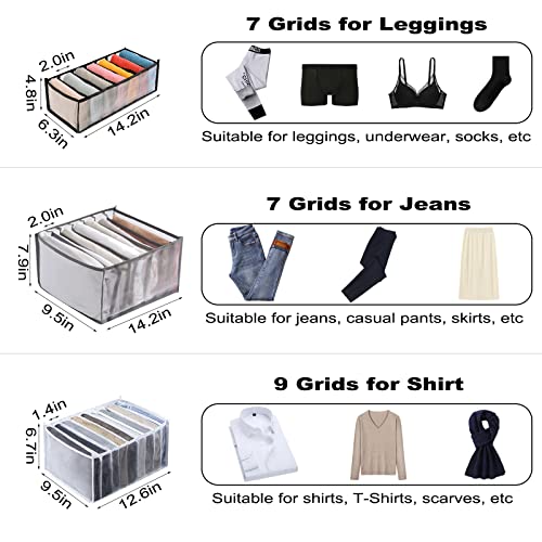 Evankin 2PCS Wardrobe Clothes Organizer - 7-Grid Drawer & Closet Storage Organizer - Nylon Mesh Organizer - Small Size for Leggings, Underwear, Socks (Grey)