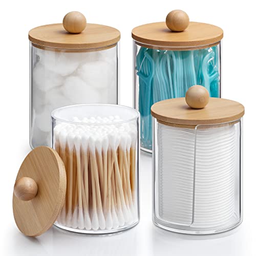 Kaychan 4 Pack Qtip Holder Dispenser with Bamboo Lids,Bathroom Jars Cotton Swab Holder ,10 oz Apothecary Jar Containers,Clear Cotton Pad Holder,Bathroom Storage organizer for Cotton Ball Swab Pad