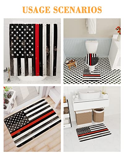 4 PCS Independence Day USA Flag Shower Curtain Set with Bath Rugs,American Red Line Fireman Waterproof Curtains Soft Bathroom Non-Slip Floor Mats Toilet U-Shaped Pad and Toilet Lid Covers Wood Plank